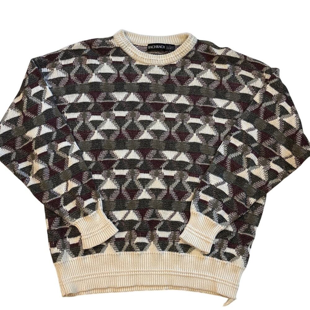 Vintage Bachrach Dad Sweater Mens Sz XL Beige Abstract 3D Long Sleeve Cosby 90s